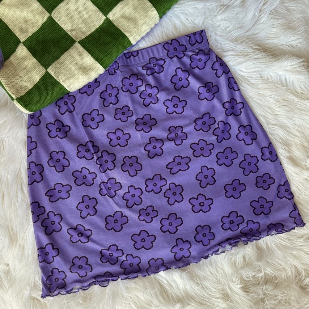 Urban Outfitters • Purple Floral Mesh Lettuce Trim Mini Skirt